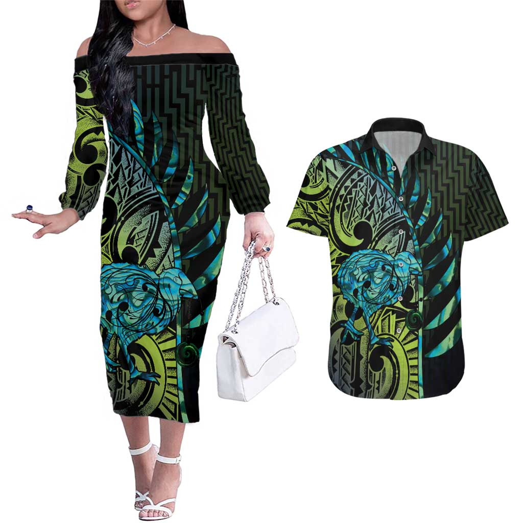 Southland Takehe Pounama Couples Matching Off The Shoulder Long Sleeve Dress and Hawaiian Shirt Aotearoa Poutama Paua Shell Fern LT14 Black - Polynesian Pride