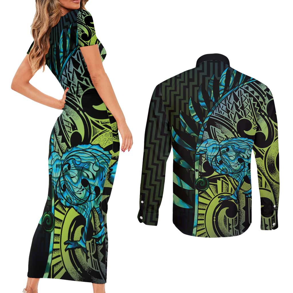 Southland Takehe Pounama Couples Matching Short Sleeve Bodycon Dress and Long Sleeve Button Shirt Aotearoa Poutama Paua Shell Fern LT14 - Polynesian Pride