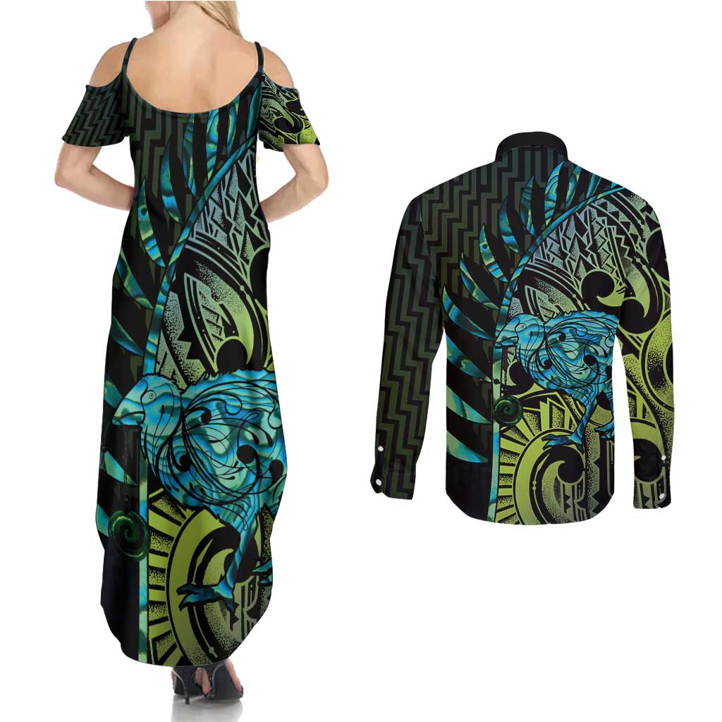 Southland Takehe Pounama Couples Matching Summer Maxi Dress and Long Sleeve Button Shirt Aotearoa Poutama Paua Shell Fern LT14 - Polynesian Pride
