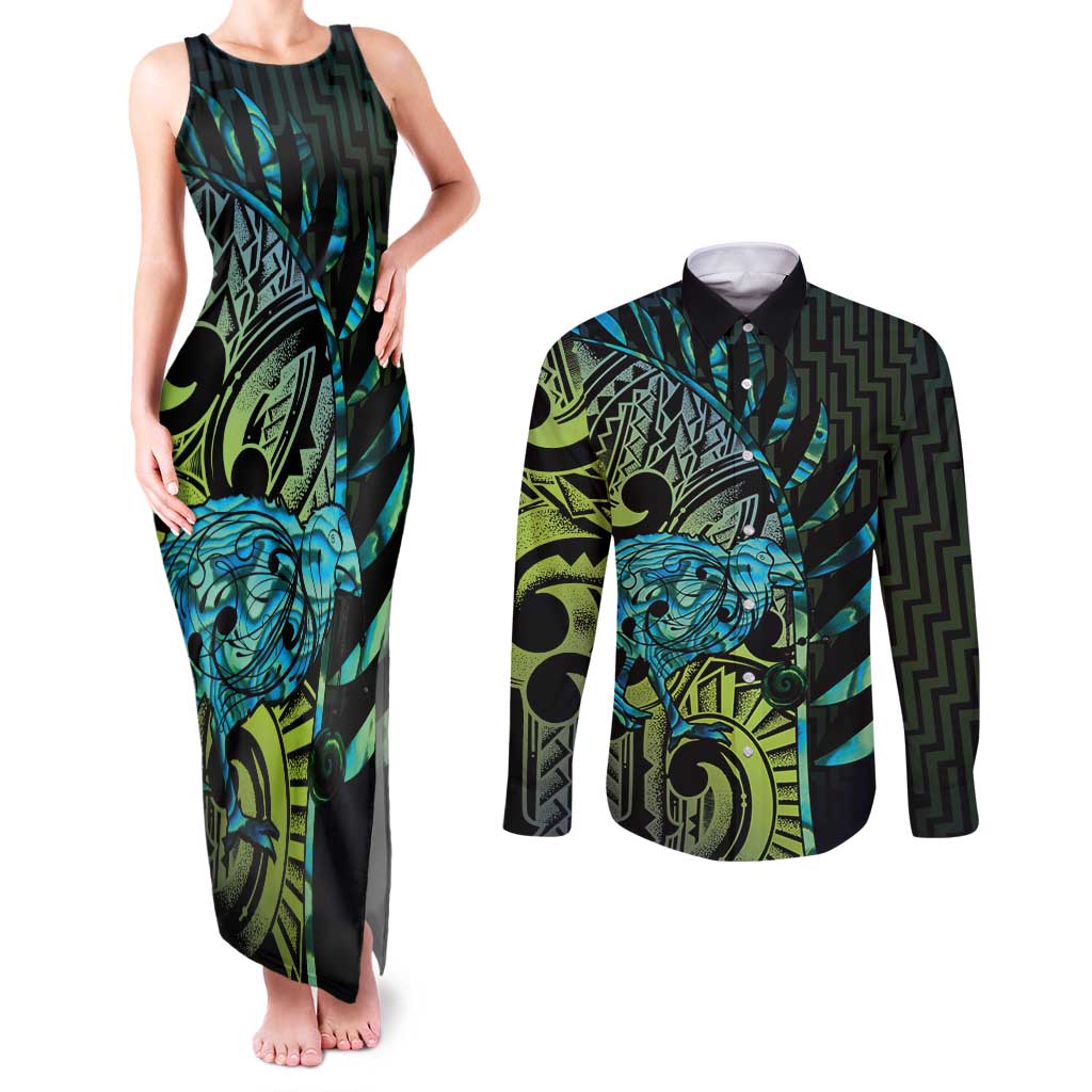 Southland Takehe Pounama Couples Matching Tank Maxi Dress and Long Sleeve Button Shirt Aotearoa Poutama Paua Shell Fern LT14 Black - Polynesian Pride