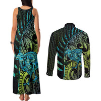 Southland Takehe Pounama Couples Matching Tank Maxi Dress and Long Sleeve Button Shirt Aotearoa Poutama Paua Shell Fern LT14 - Polynesian Pride