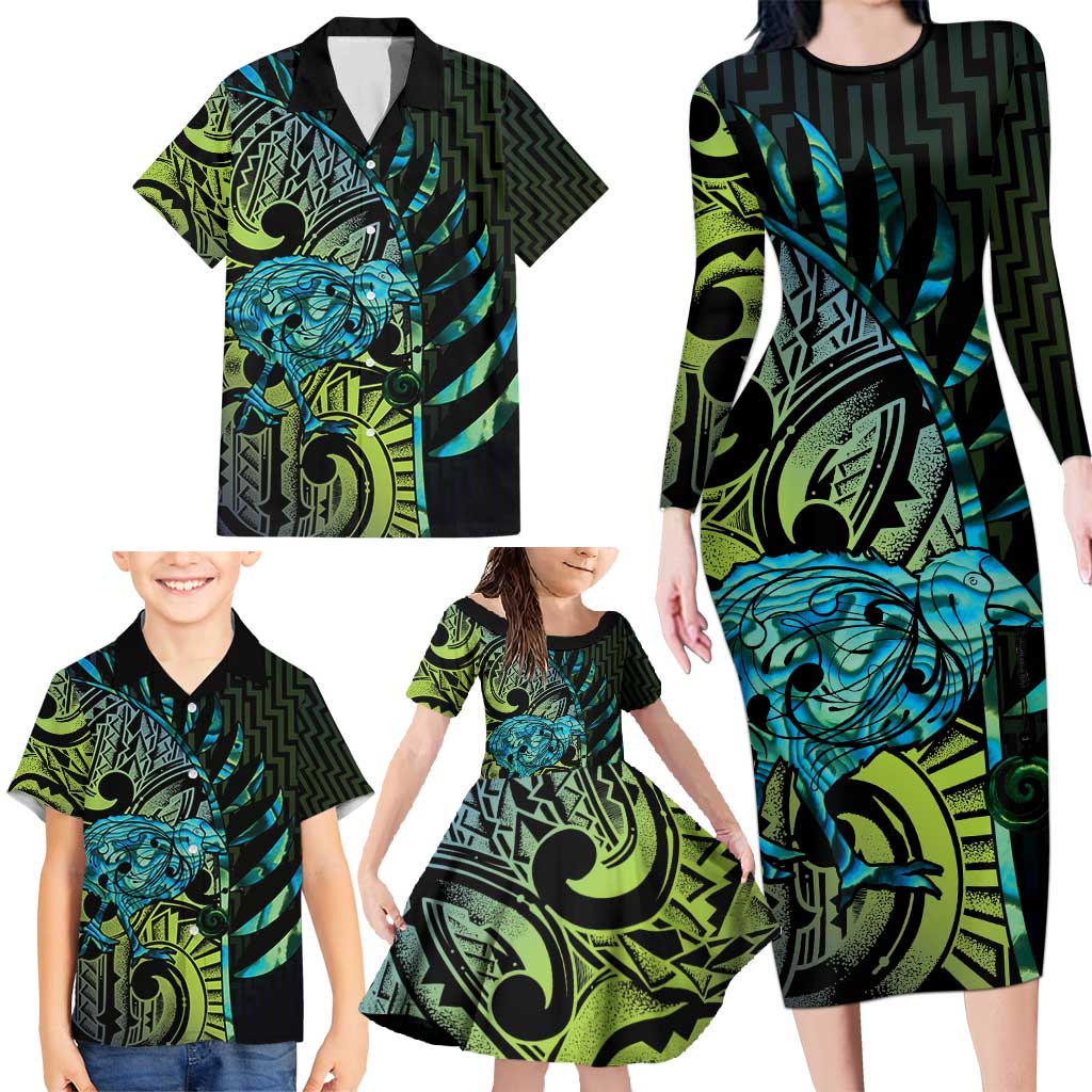 Southland Takehe Pounama Family Matching Long Sleeve Bodycon Dress and Hawaiian Shirt Aotearoa Poutama Paua Shell Fern LT14 - Polynesian Pride