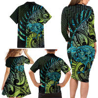 Southland Takehe Pounama Family Matching Long Sleeve Bodycon Dress and Hawaiian Shirt Aotearoa Poutama Paua Shell Fern LT14 - Polynesian Pride