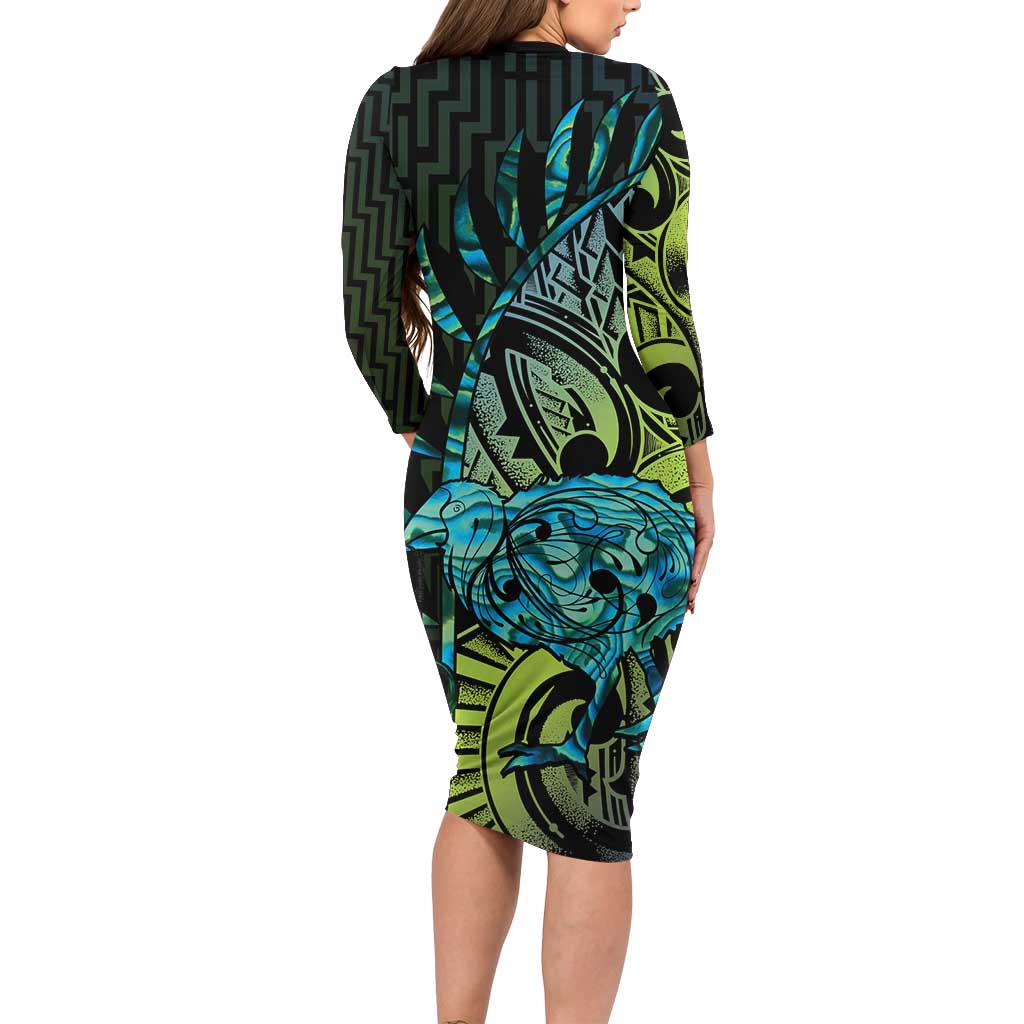 Southland Takehe Pounama Family Matching Long Sleeve Bodycon Dress and Hawaiian Shirt Aotearoa Poutama Paua Shell Fern LT14 - Polynesian Pride