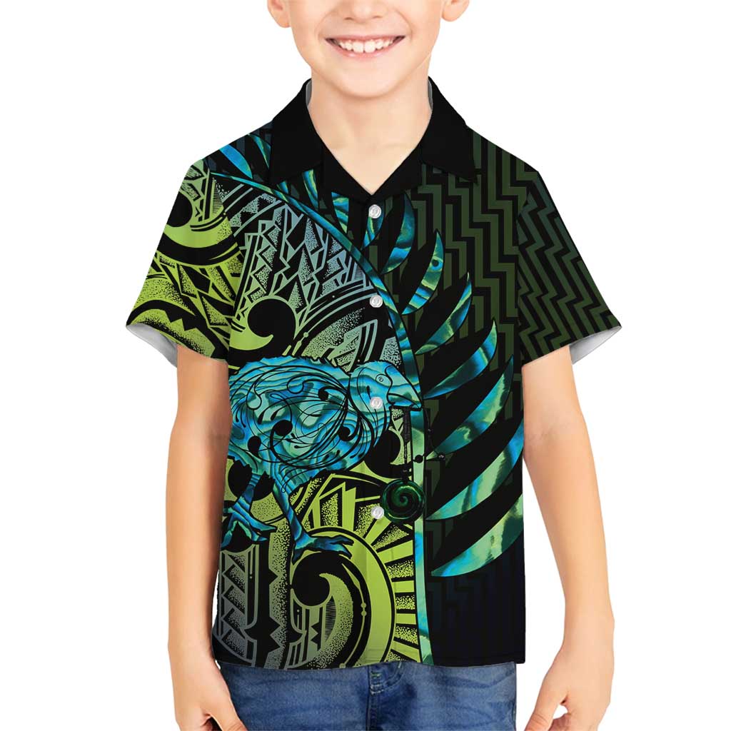 Southland Takehe Pounama Family Matching Long Sleeve Bodycon Dress and Hawaiian Shirt Aotearoa Poutama Paua Shell Fern LT14 Son's Shirt Black - Polynesian Pride