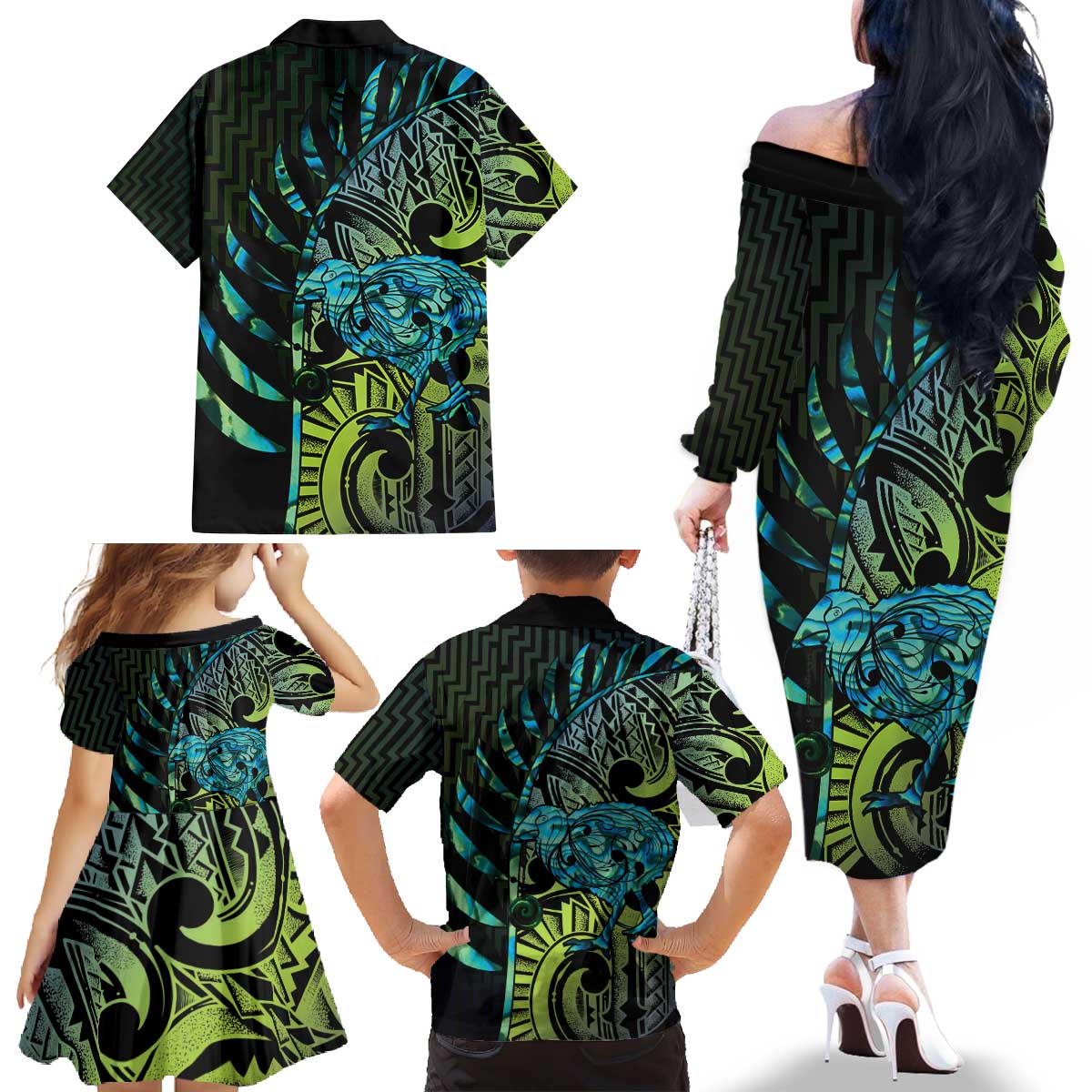 Southland Takehe Pounama Family Matching Off The Shoulder Long Sleeve Dress and Hawaiian Shirt Aotearoa Poutama Paua Shell Fern LT14 - Polynesian Pride