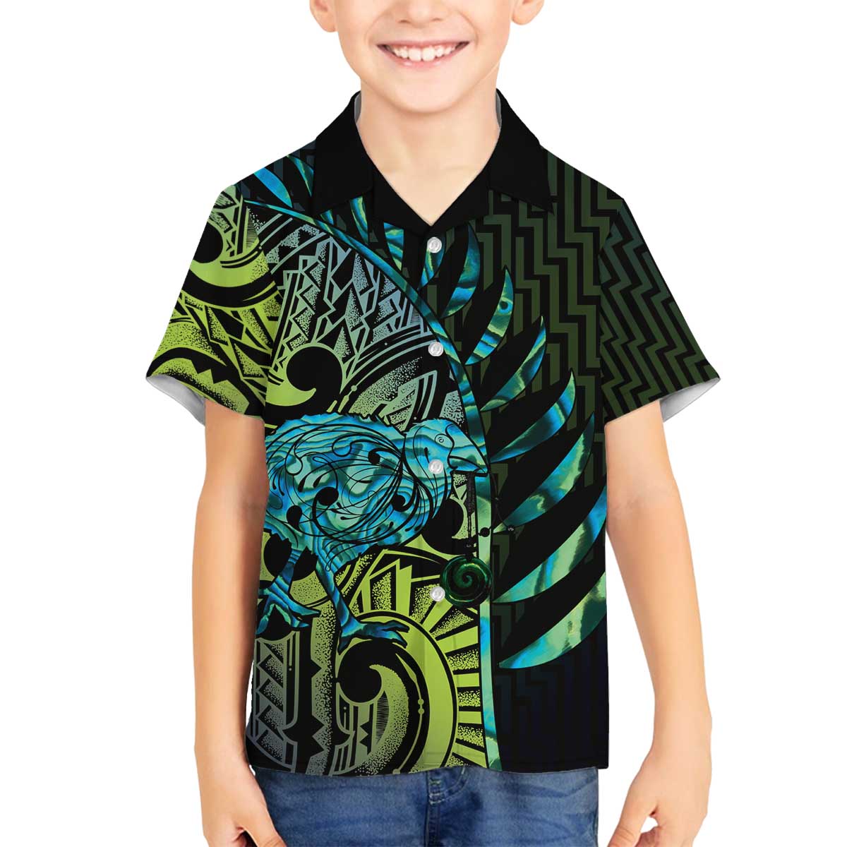 Southland Takehe Pounama Family Matching Off The Shoulder Long Sleeve Dress and Hawaiian Shirt Aotearoa Poutama Paua Shell Fern LT14 Son's Shirt Black - Polynesian Pride
