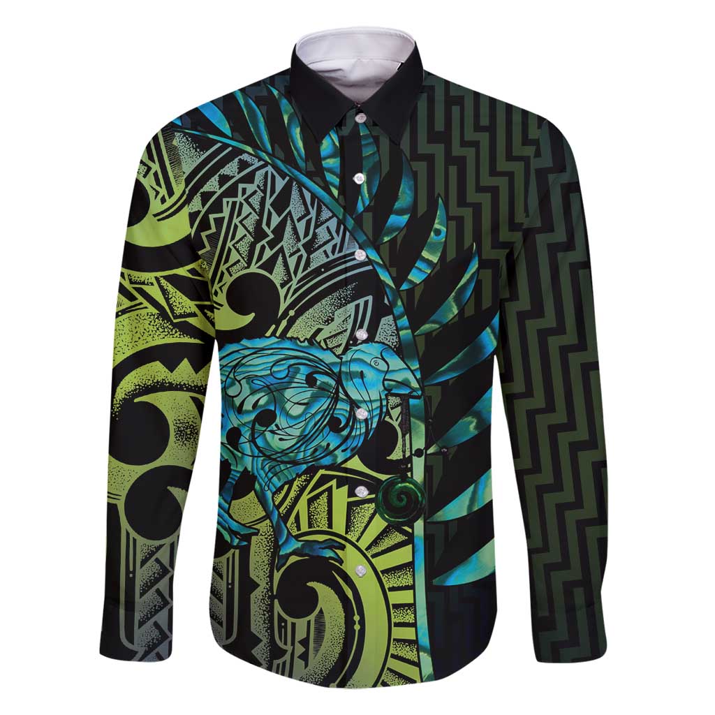 Southland Takehe Pounama Family Matching Off Shoulder Maxi Dress and Hawaiian Shirt Aotearoa Poutama Paua Shell Fern LT14 Dad's Shirt - Long Sleeve Black - Polynesian Pride