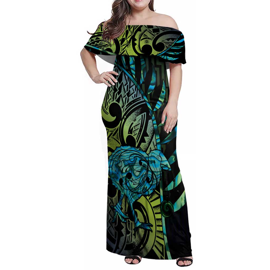 Southland Takehe Pounama Family Matching Off Shoulder Maxi Dress and Hawaiian Shirt Aotearoa Poutama Paua Shell Fern LT14 Mom's Dress Black - Polynesian Pride