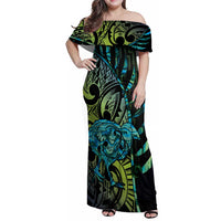 Southland Takehe Pounama Family Matching Off Shoulder Maxi Dress and Hawaiian Shirt Aotearoa Poutama Paua Shell Fern LT14 Mom's Dress Black - Polynesian Pride