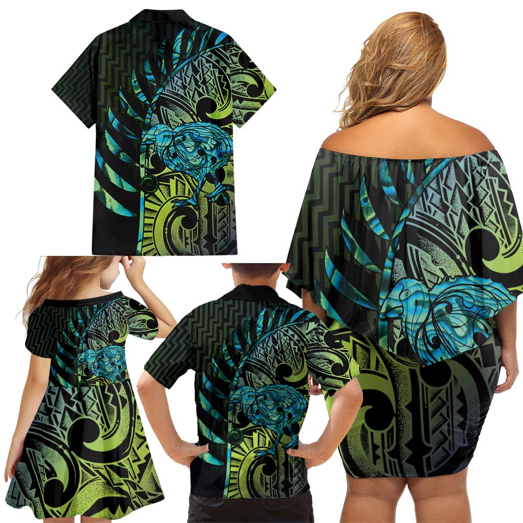 Southland Takehe Pounama Family Matching Off Shoulder Short Dress and Hawaiian Shirt Aotearoa Poutama Paua Shell Fern LT14 - Polynesian Pride