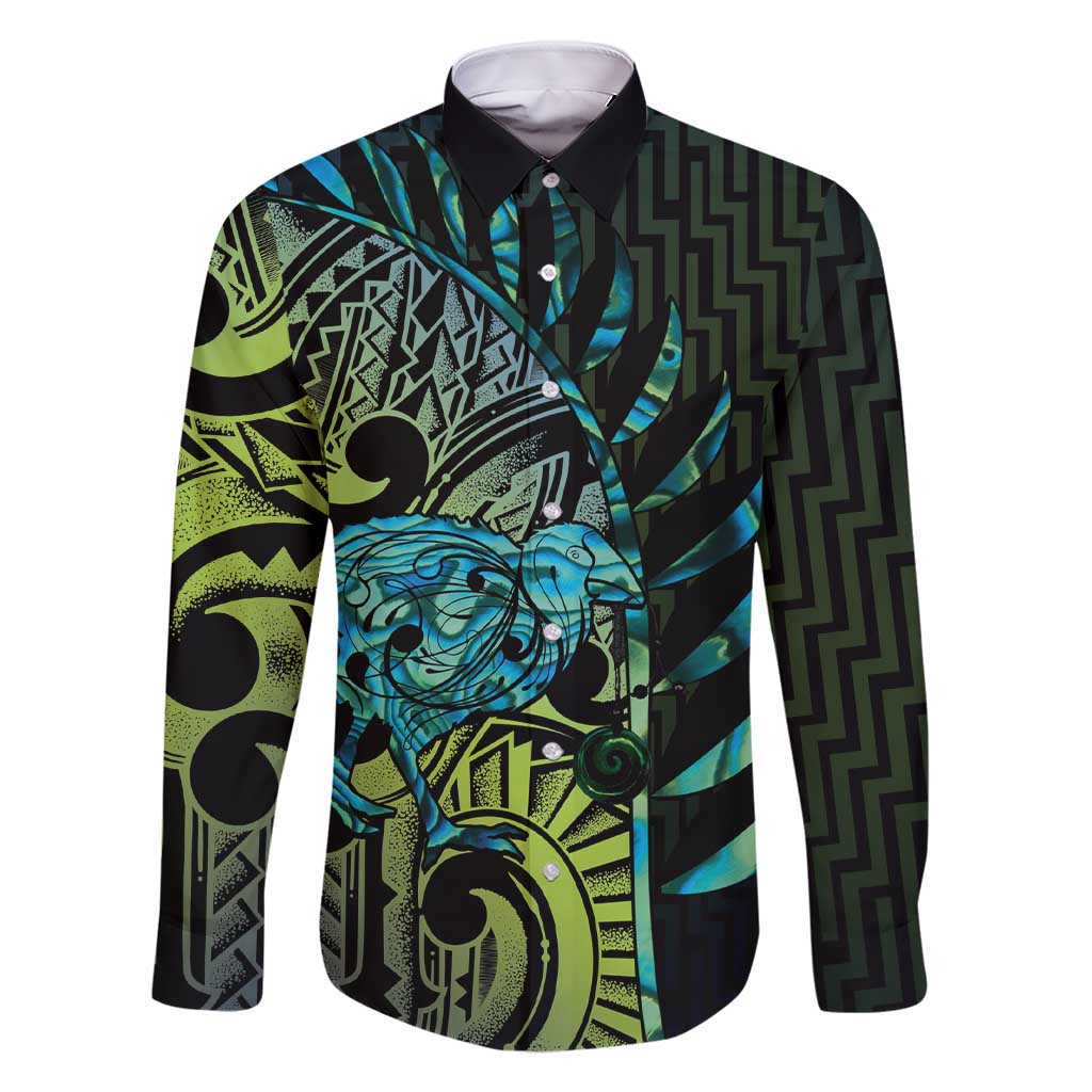 Southland Takehe Pounama Family Matching Short Sleeve Bodycon Dress and Hawaiian Shirt Aotearoa Poutama Paua Shell Fern LT14 Dad's Shirt - Long Sleeve Black - Polynesian Pride