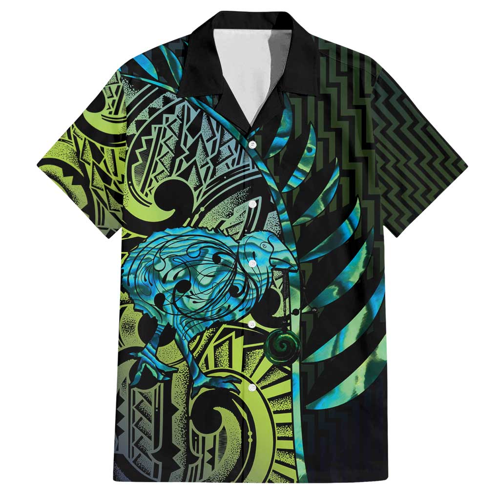 Southland Takehe Pounama Family Matching Tank Maxi Dress and Hawaiian Shirt Aotearoa Poutama Paua Shell Fern LT14 Dad's Shirt - Short Sleeve Black - Polynesian Pride