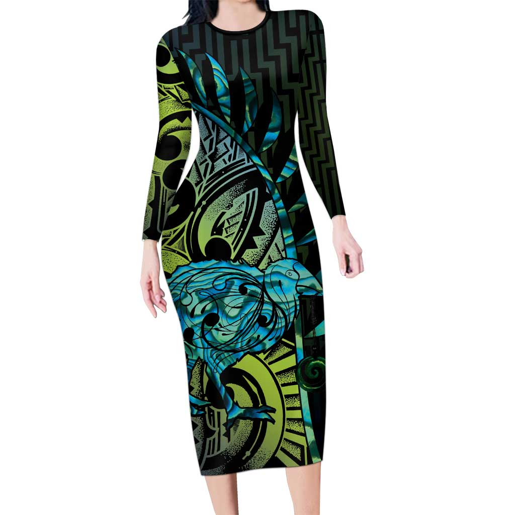Southland Takehe Pounama Long Sleeve Bodycon Dress Aotearoa Poutama Paua Shell Fern LT14 Long Dress Black - Polynesian Pride