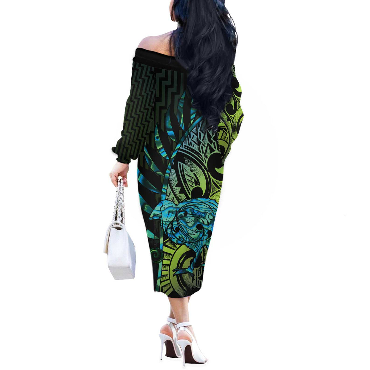 Southland Takehe Pounama Off The Shoulder Long Sleeve Dress Aotearoa Poutama Paua Shell Fern LT14 - Polynesian Pride