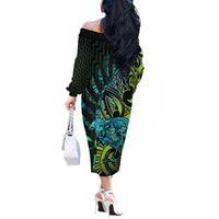 Southland Takehe Pounama Off The Shoulder Long Sleeve Dress Aotearoa Poutama Paua Shell Fern LT14 - Polynesian Pride
