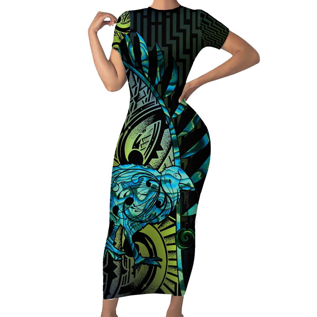 Southland Takehe Pounama Short Sleeve Bodycon Dress Aotearoa Poutama Paua Shell Fern LT14 Long Dress Black - Polynesian Pride