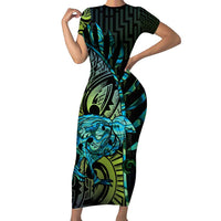 Southland Takehe Pounama Short Sleeve Bodycon Dress Aotearoa Poutama Paua Shell Fern LT14 Long Dress Black - Polynesian Pride