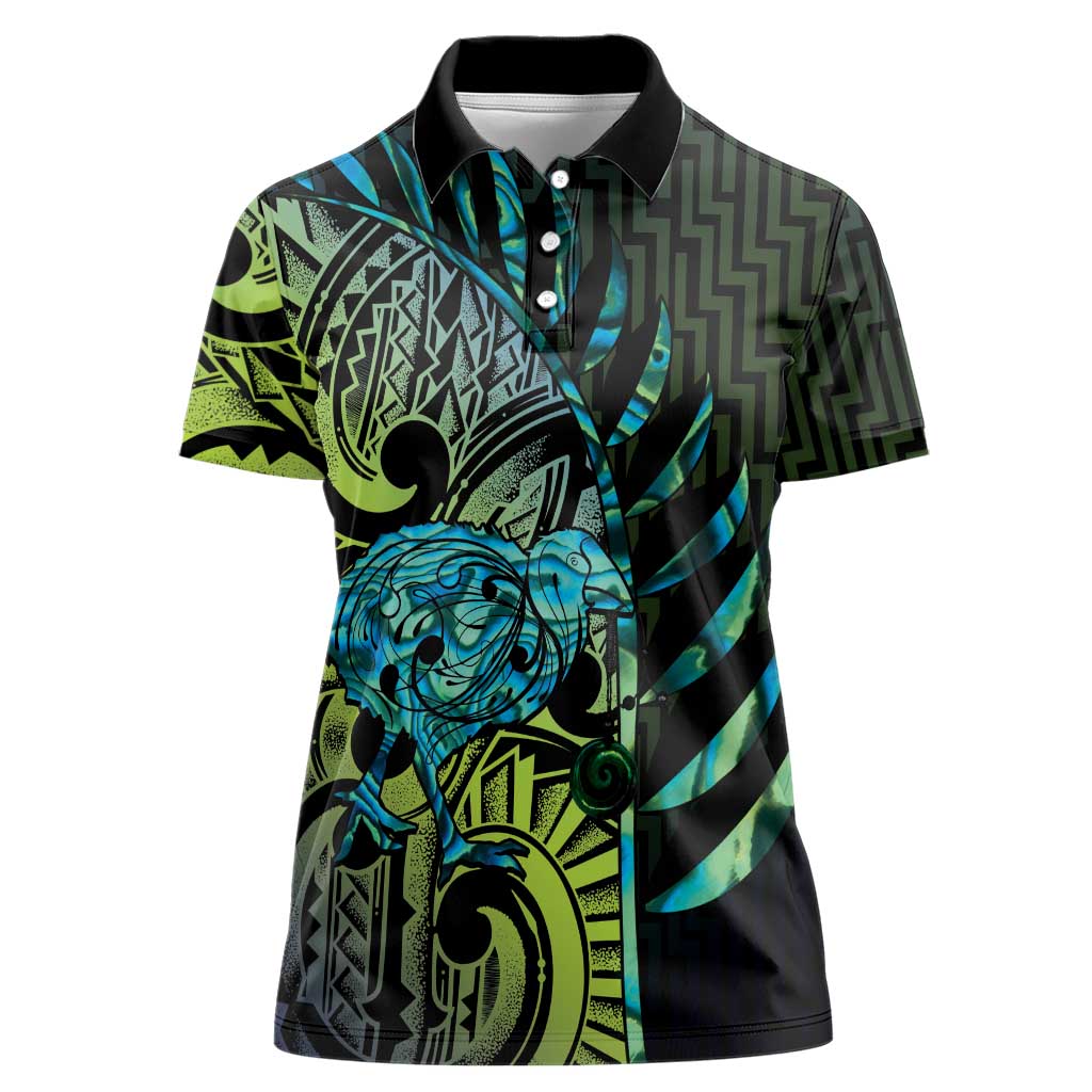 Southland Takehe Pounama Women Polo Shirt Aotearoa Poutama Paua Shell Fern LT14 Female Black - Polynesian Pride