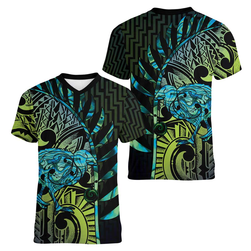 Southland Takehe Pounama Women V-Neck T-Shirt Aotearoa Poutama Paua Shell Fern LT14 - Polynesian Pride