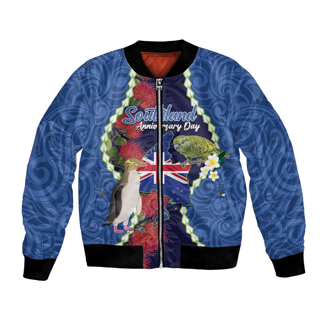 Southland Anniversary Day Bomber Jacket Murihiku 1861 Maori Bird Mix Pohutukawa LT14 Unisex Blue - Polynesian Pride