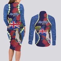Southland Anniversary Day Couples Matching Long Sleeve Bodycon Dress and Long Sleeve Button Shirt Murihiku 1861 Maori Bird Mix Pohutukawa LT14 - Polynesian Pride