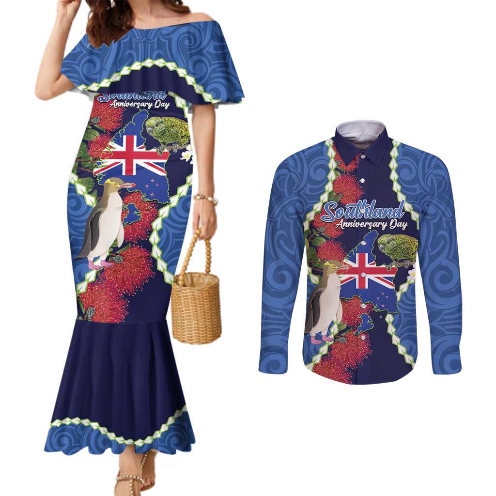 Southland Anniversary Day Couples Matching Mermaid Dress and Long Sleeve Button Shirt Murihiku 1861 Maori Bird Mix Pohutukawa LT14 Blue - Polynesian Pride