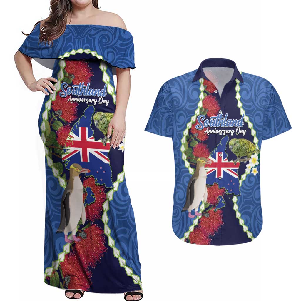 Southland Anniversary Day Couples Matching Off Shoulder Maxi Dress and Hawaiian Shirt Murihiku 1861 Maori Bird Mix Pohutukawa LT14 Blue - Polynesian Pride