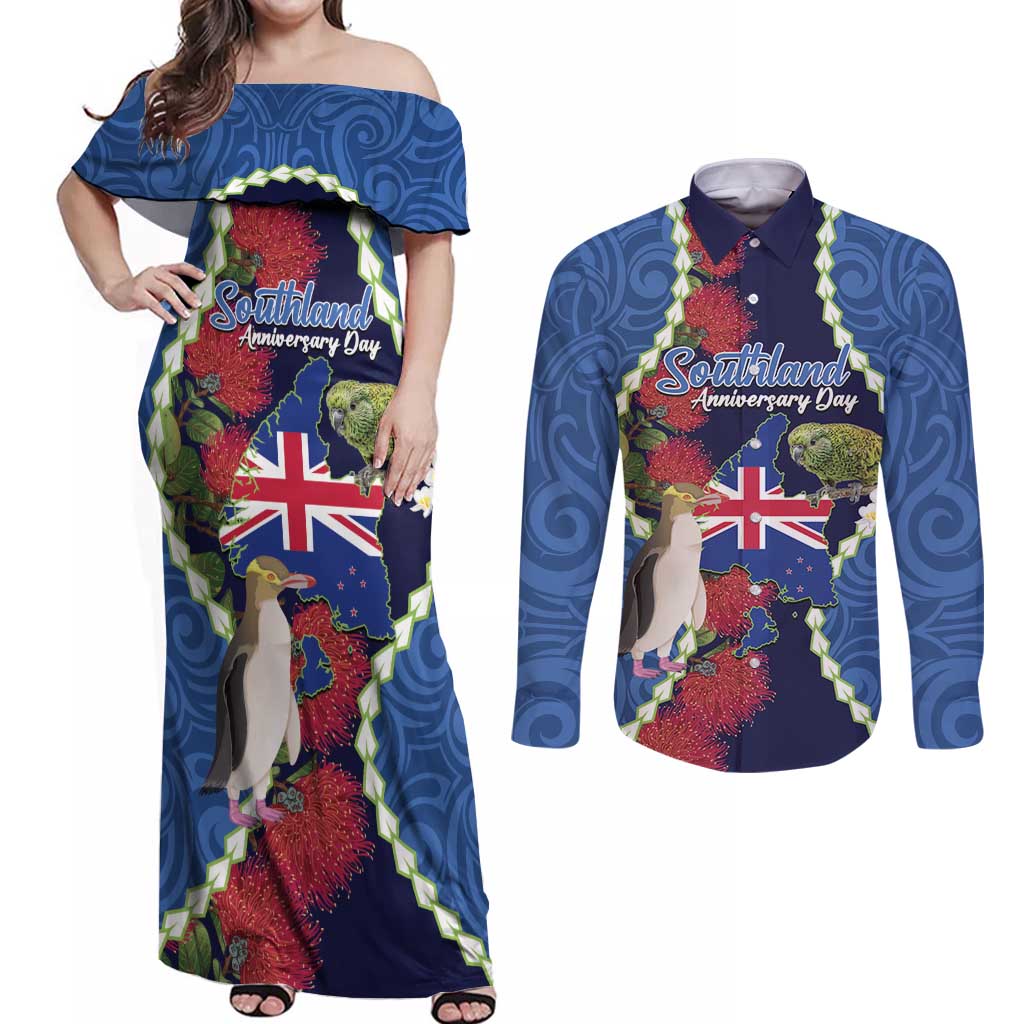 Southland Anniversary Day Couples Matching Off Shoulder Maxi Dress and Long Sleeve Button Shirt Murihiku 1861 Maori Bird Mix Pohutukawa LT14 Blue - Polynesian Pride