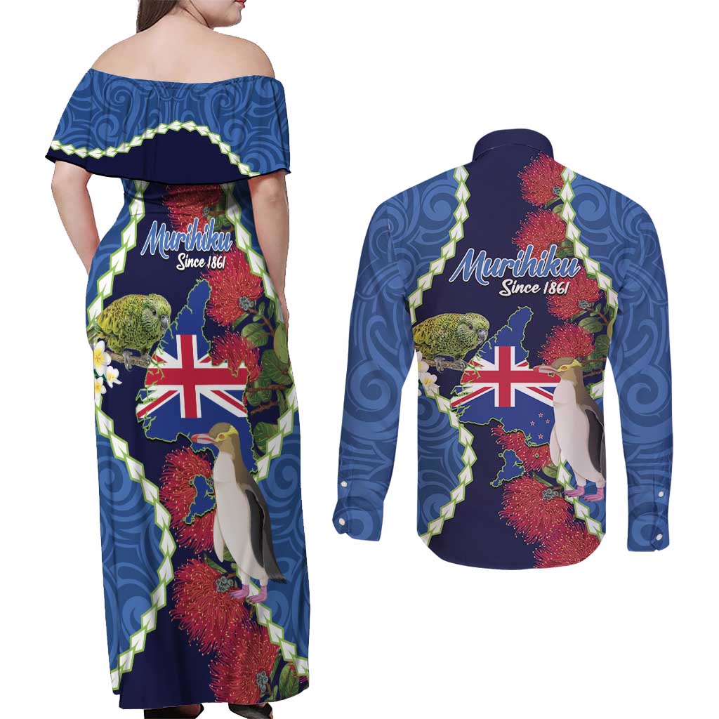 Southland Anniversary Day Couples Matching Off Shoulder Maxi Dress and Long Sleeve Button Shirt Murihiku 1861 Maori Bird Mix Pohutukawa LT14 - Polynesian Pride