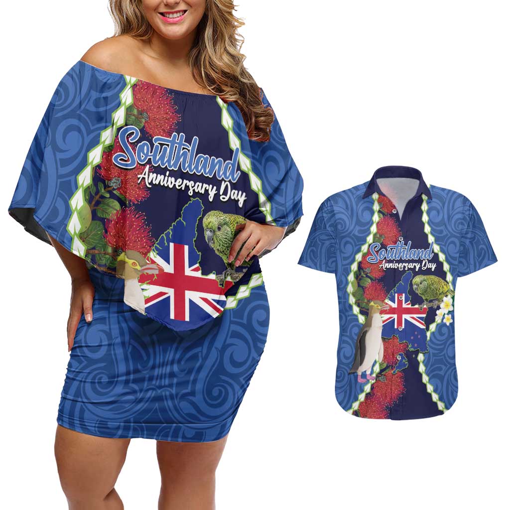 Southland Anniversary Day Couples Matching Off Shoulder Short Dress and Hawaiian Shirt Murihiku 1861 Maori Bird Mix Pohutukawa LT14 Blue - Polynesian Pride