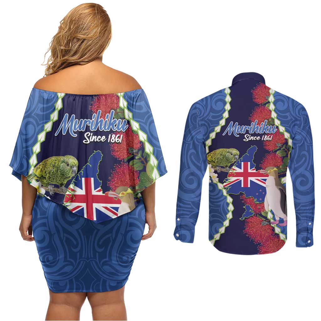 Southland Anniversary Day Couples Matching Off Shoulder Short Dress and Long Sleeve Button Shirt Murihiku 1861 Maori Bird Mix Pohutukawa LT14 - Polynesian Pride
