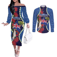 Southland Anniversary Day Couples Matching Off The Shoulder Long Sleeve Dress and Long Sleeve Button Shirt Murihiku 1861 Maori Bird Mix Pohutukawa LT14 Blue - Polynesian Pride