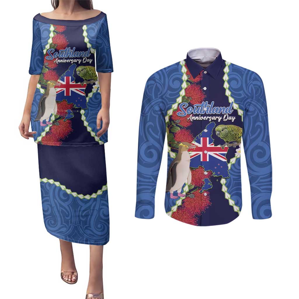 Southland Anniversary Day Couples Matching Puletasi and Long Sleeve Button Shirt Murihiku 1861 Maori Bird Mix Pohutukawa LT14 Blue - Polynesian Pride
