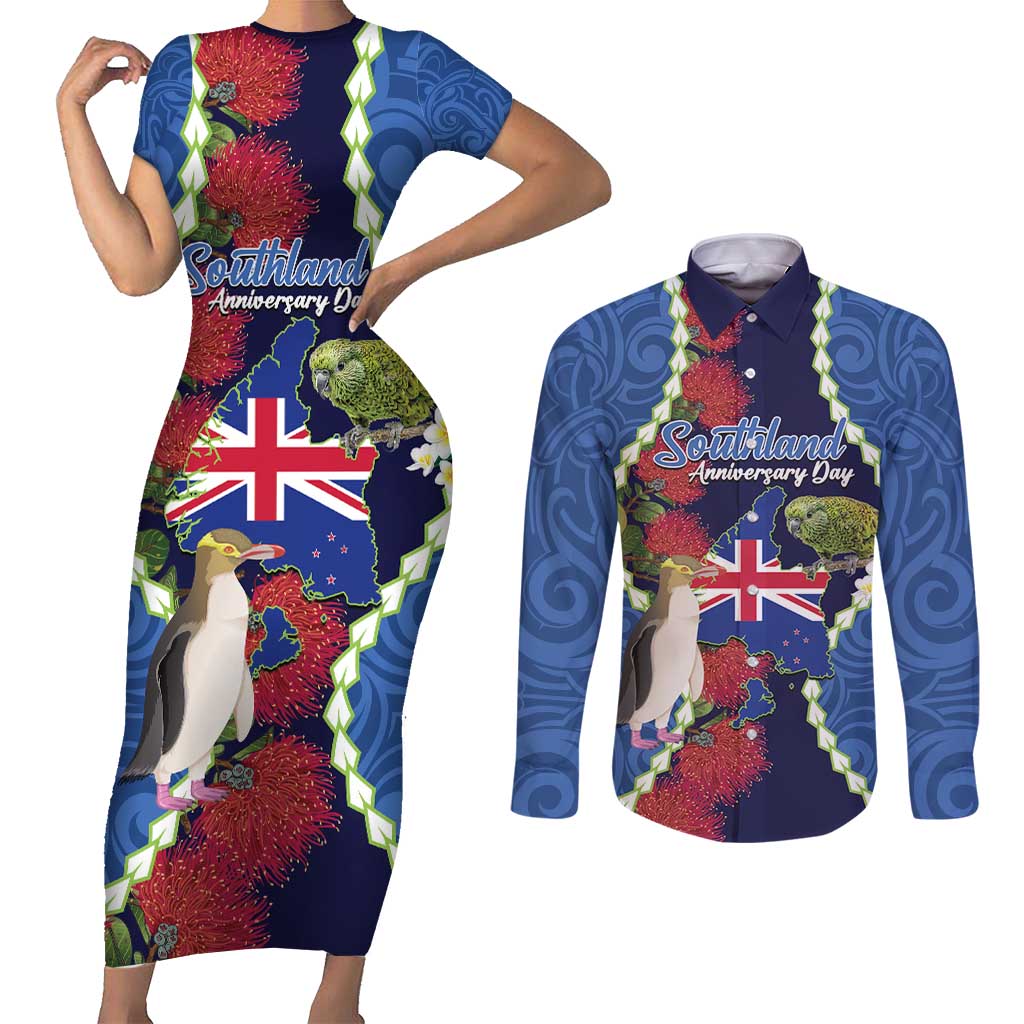 Southland Anniversary Day Couples Matching Short Sleeve Bodycon Dress and Long Sleeve Button Shirt Murihiku 1861 Maori Bird Mix Pohutukawa LT14 Blue - Polynesian Pride