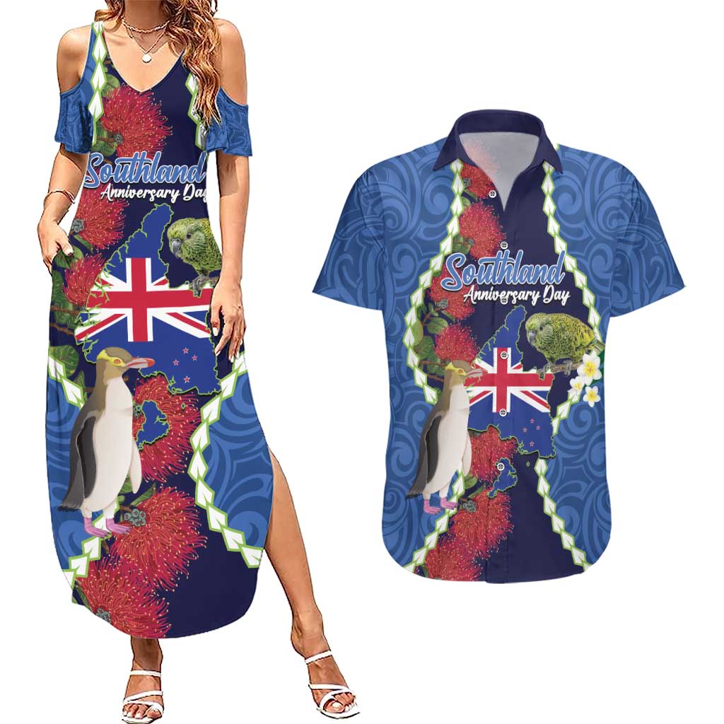 Southland Anniversary Day Couples Matching Summer Maxi Dress and Hawaiian Shirt Murihiku 1861 Maori Bird Mix Pohutukawa LT14 Blue - Polynesian Pride