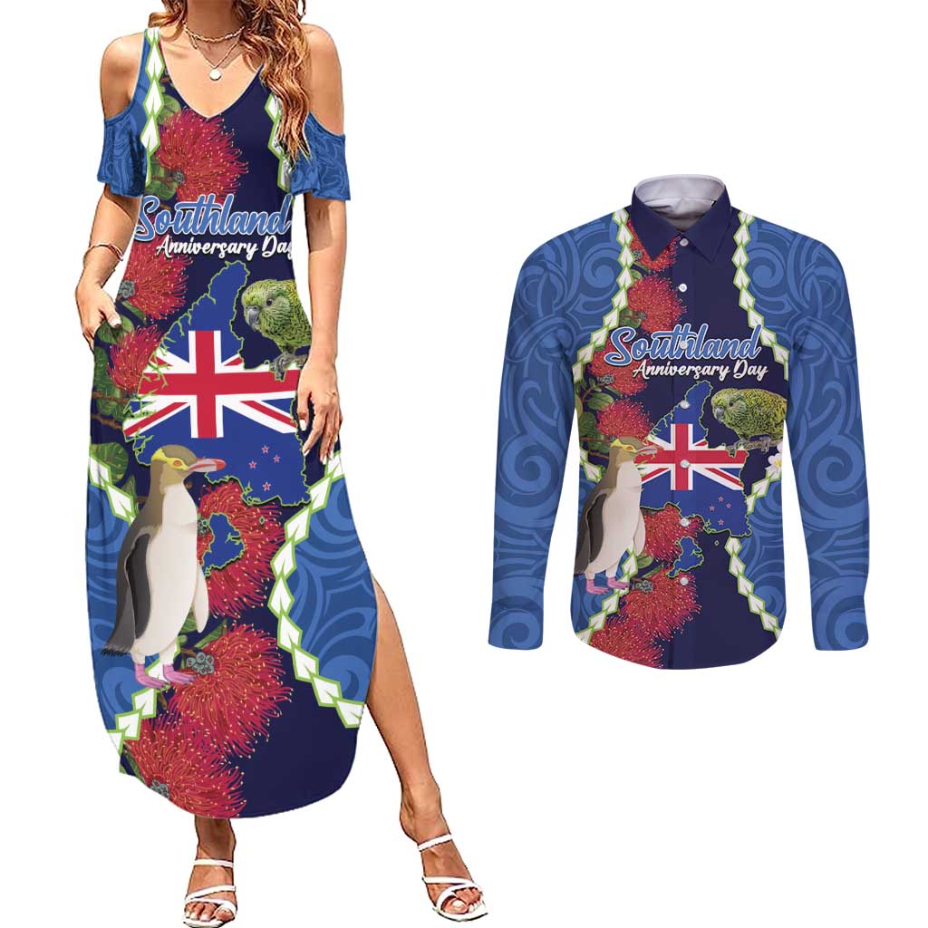 Southland Anniversary Day Couples Matching Summer Maxi Dress and Long Sleeve Button Shirt Murihiku 1861 Maori Bird Mix Pohutukawa LT14 Blue - Polynesian Pride