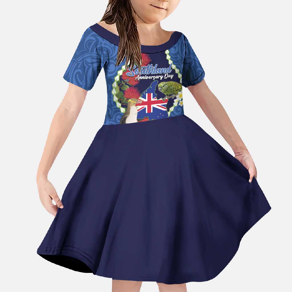 Southland Anniversary Day Family Matching Mermaid Dress and Hawaiian Shirt Murihiku 1861 Maori Bird Mix Pohutukawa LT14 Daughter's Dress Blue - Polynesian Pride