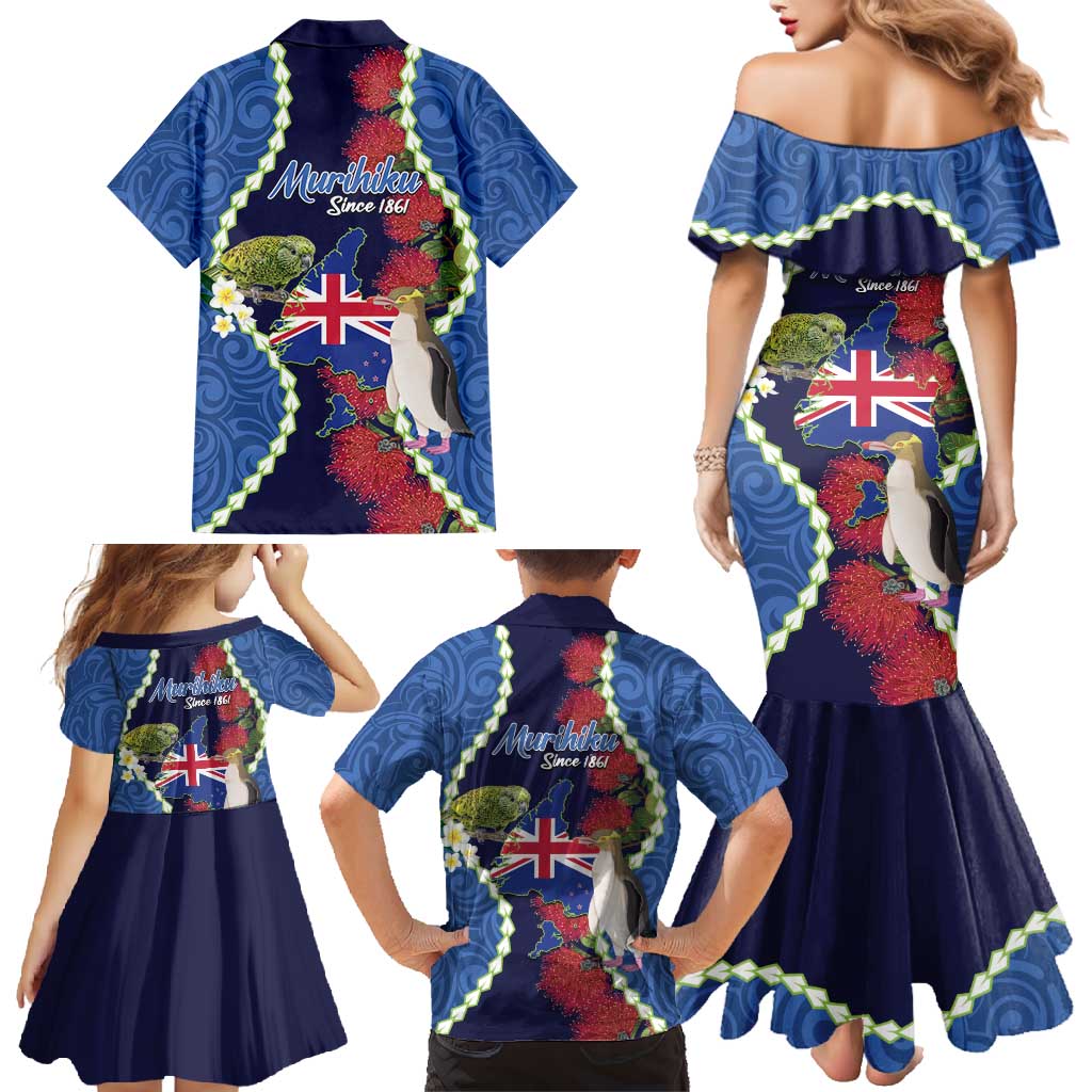 Southland Anniversary Day Family Matching Mermaid Dress and Hawaiian Shirt Murihiku 1861 Maori Bird Mix Pohutukawa LT14 - Polynesian Pride