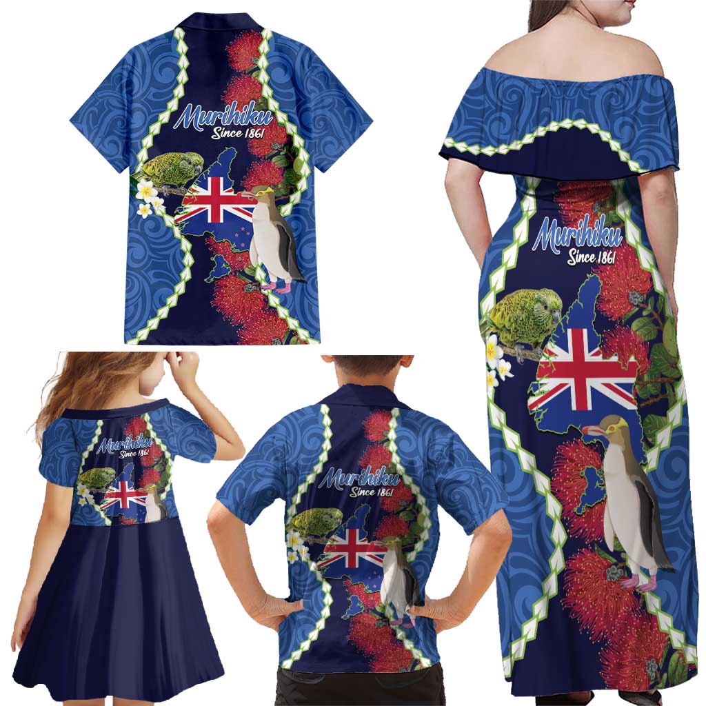 Southland Anniversary Day Family Matching Off Shoulder Maxi Dress and Hawaiian Shirt Murihiku 1861 Maori Bird Mix Pohutukawa LT14 - Polynesian Pride