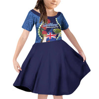 Southland Anniversary Day Family Matching Off Shoulder Short Dress and Hawaiian Shirt Murihiku 1861 Maori Bird Mix Pohutukawa LT14 Daughter's Dress Blue - Polynesian Pride