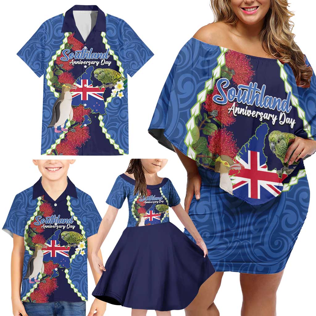 Southland Anniversary Day Family Matching Off Shoulder Short Dress and Hawaiian Shirt Murihiku 1861 Maori Bird Mix Pohutukawa LT14 - Polynesian Pride