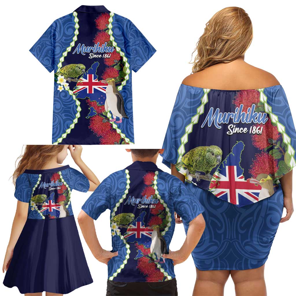Southland Anniversary Day Family Matching Off Shoulder Short Dress and Hawaiian Shirt Murihiku 1861 Maori Bird Mix Pohutukawa LT14 - Polynesian Pride