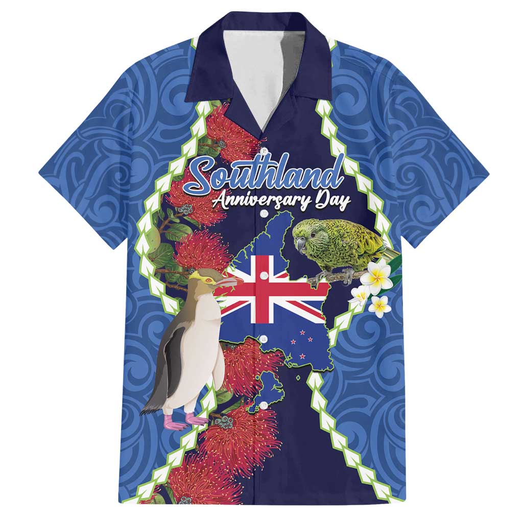 Southland Anniversary Day Family Matching Off Shoulder Short Dress and Hawaiian Shirt Murihiku 1861 Maori Bird Mix Pohutukawa LT14 Dad's Shirt - Short Sleeve Blue - Polynesian Pride