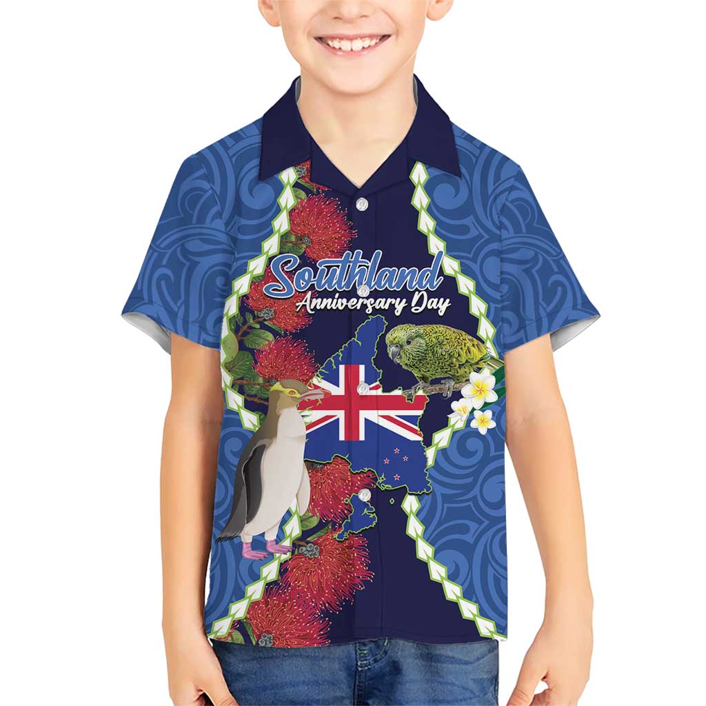 Southland Anniversary Day Family Matching Short Sleeve Bodycon Dress and Hawaiian Shirt Murihiku 1861 Maori Bird Mix Pohutukawa LT14 Son's Shirt Blue - Polynesian Pride