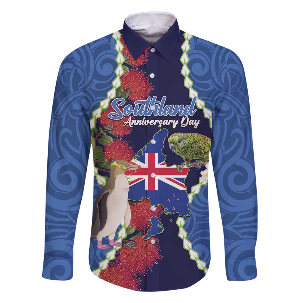 Southland Anniversary Day Family Matching Summer Maxi Dress and Hawaiian Shirt Murihiku 1861 Maori Bird Mix Pohutukawa LT14 Dad's Shirt - Long Sleeve Blue - Polynesian Pride