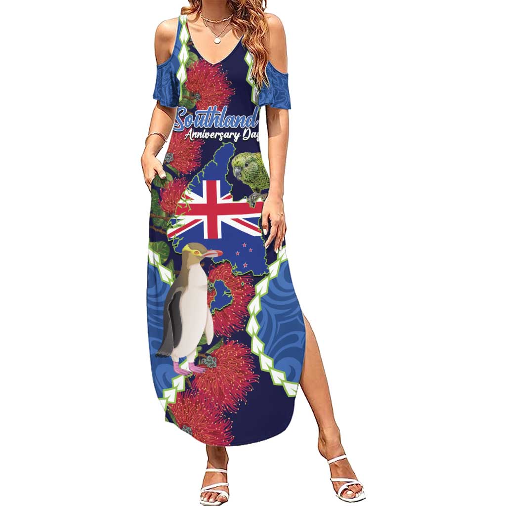 Southland Anniversary Day Family Matching Summer Maxi Dress and Hawaiian Shirt Murihiku 1861 Maori Bird Mix Pohutukawa LT14 Mom's Dress Blue - Polynesian Pride