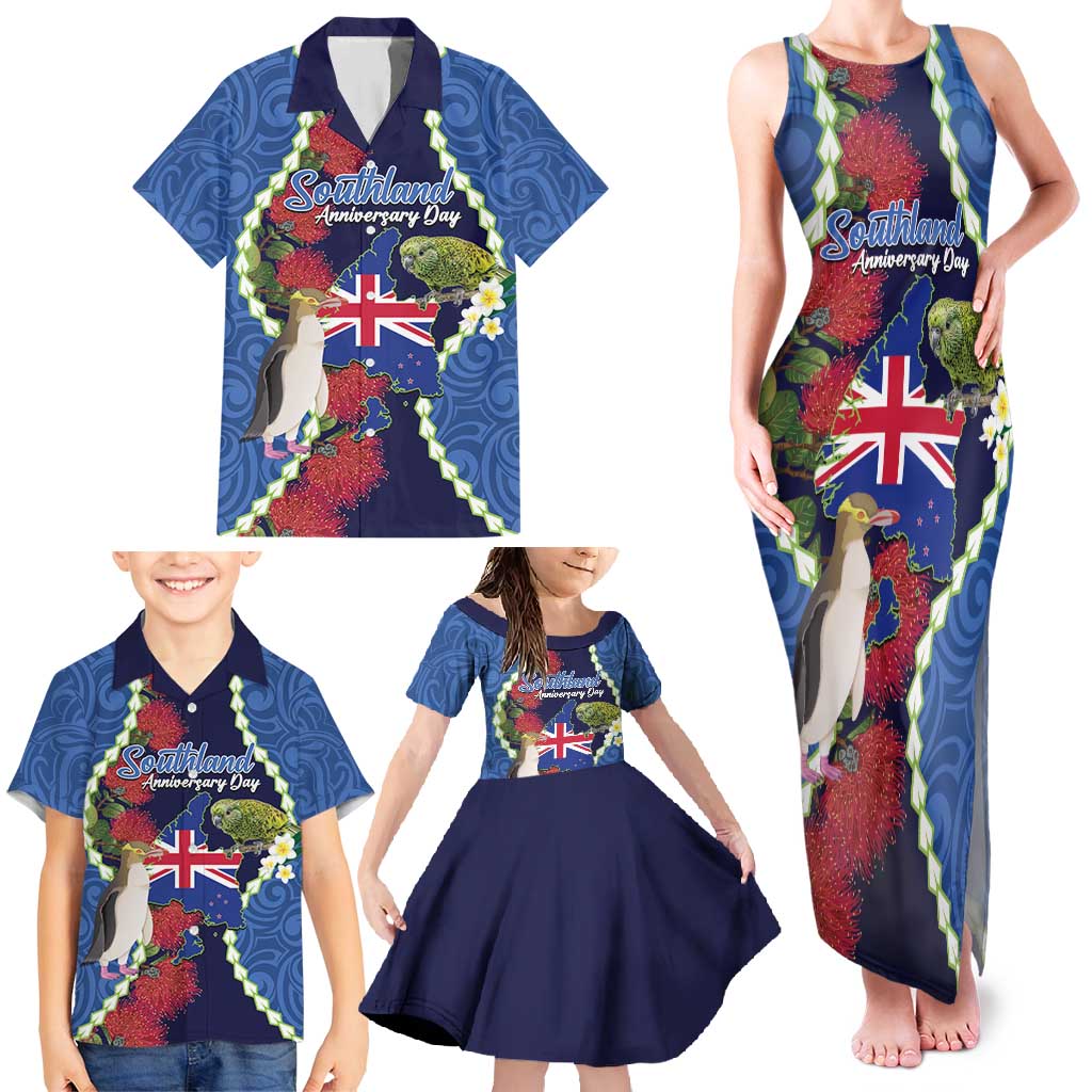 Southland Anniversary Day Family Matching Tank Maxi Dress and Hawaiian Shirt Murihiku 1861 Maori Bird Mix Pohutukawa LT14 - Polynesian Pride