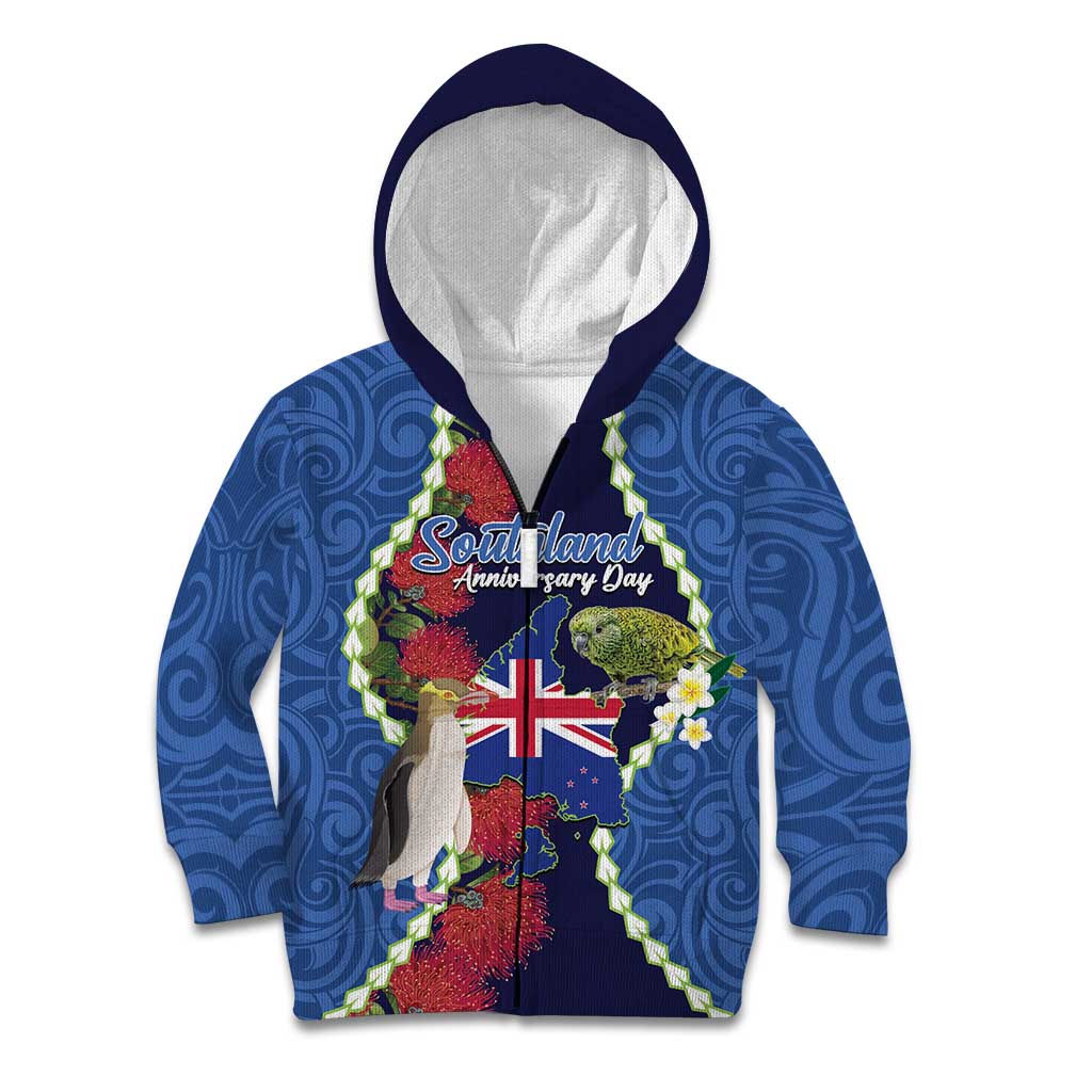Southland Anniversary Day Kid Hoodie Murihiku 1861 Maori Bird Mix Pohutukawa LT14 Zip Hoodie Blue - Polynesian Pride