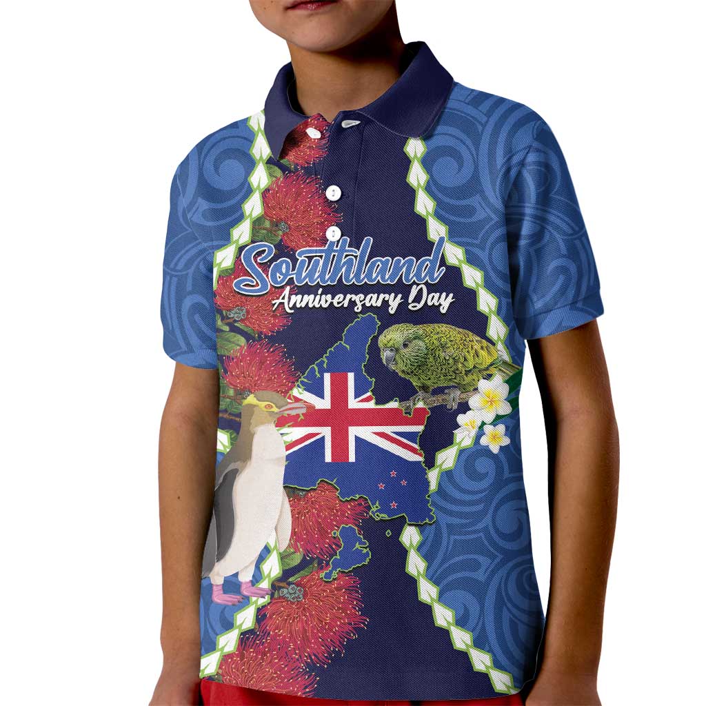Southland Anniversary Day Kid Polo Shirt Murihiku 1861 Maori Bird Mix Pohutukawa LT14 Kid Blue - Polynesian Pride